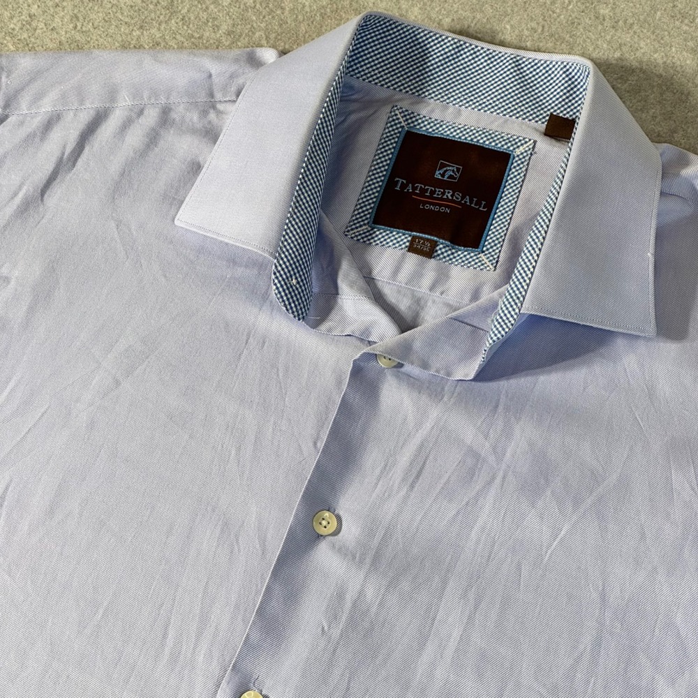 Tattersall London Mens Blue White Micro Stripe Cotton Dress Shirt 17.5 34/35